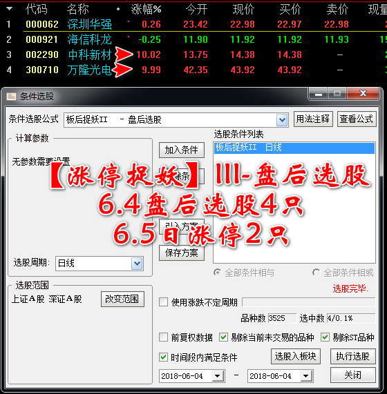 【板后捉妖III】盘后选股指标，通达信专用，打板必备